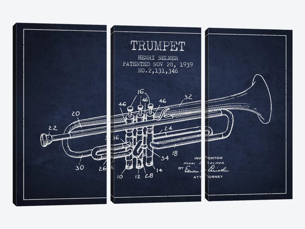 Trumpet Navy Blue Patent Blueprint by Aged Pixel 3-piece Canvas Wall Art