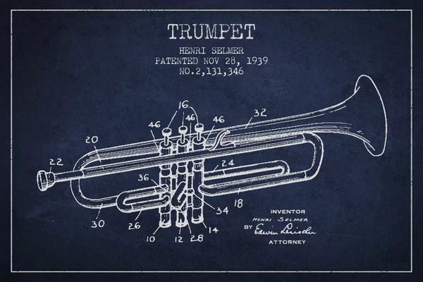 Aged Pixel: Trumpet Navy Blue Patent Blueprint by Aged Pixel