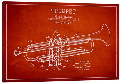 Trumpet Red Patent Blueprint Canvas Art Print - Aged Pixel: Music