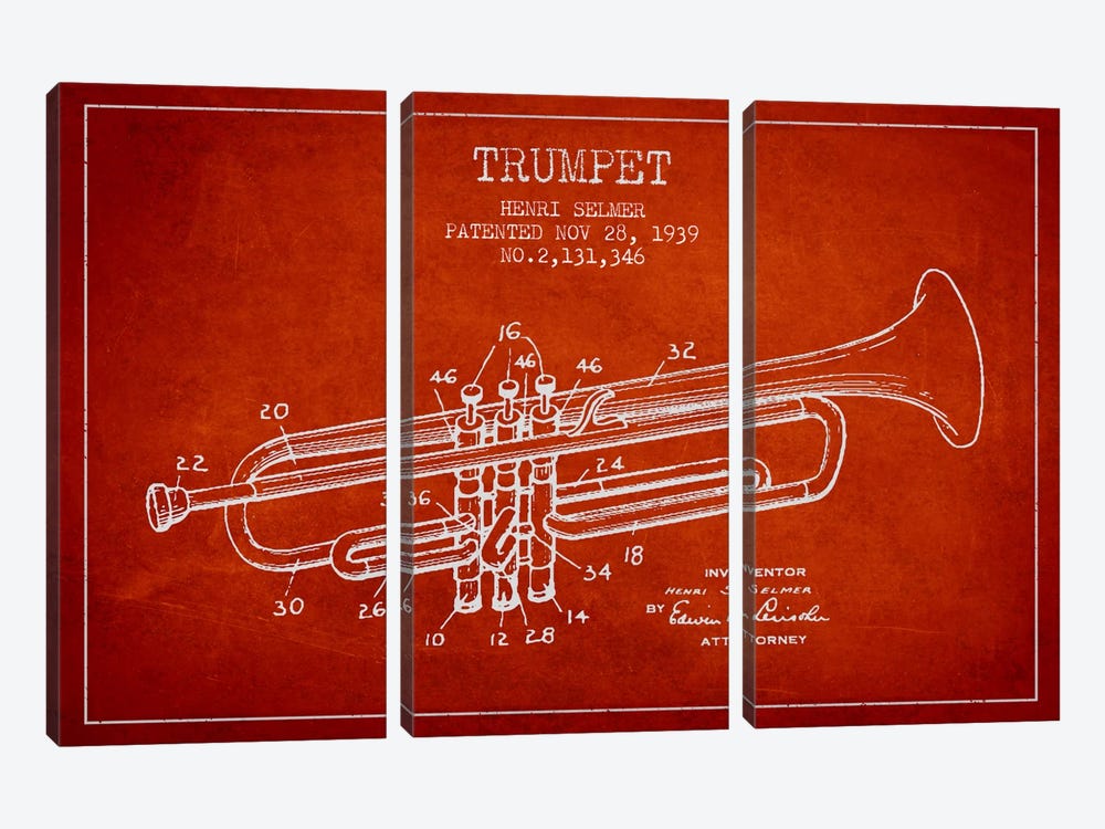 Trumpet Red Patent Blueprint by Aged Pixel 3-piece Canvas Art Print