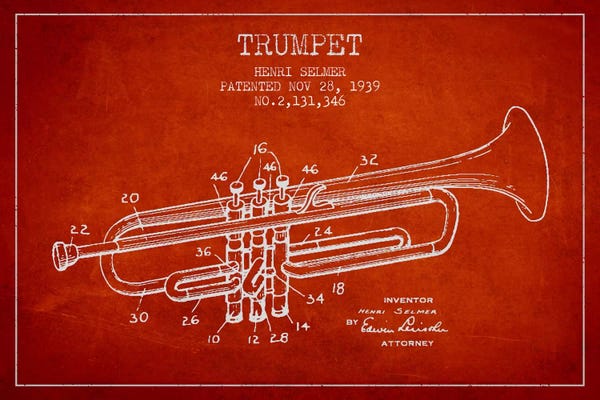 Music Blueprints: Trumpet Red Patent Blueprint by Aged Pixel
