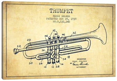 Trumpet Vintage Patent Blueprint Canvas Art Print - Trumpet Art