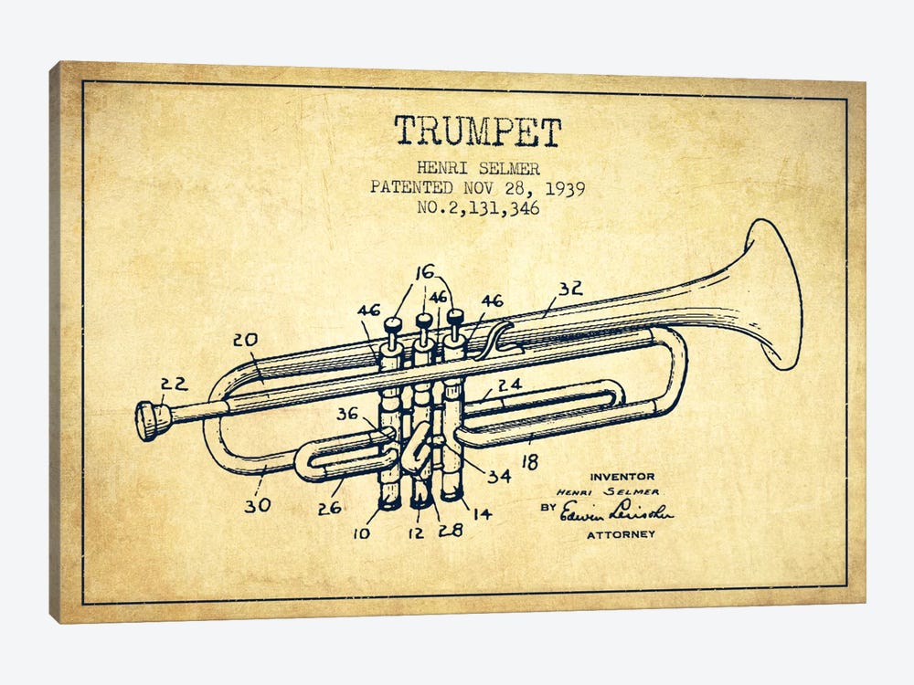 Trumpet Vintage Patent Blueprint by Aged Pixel 1-piece Canvas Artwork