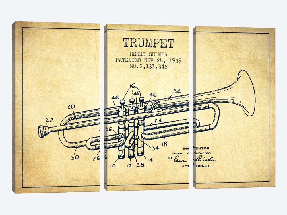 Trumpet Vintage Patent Blueprint by Aged Pixel 3-piece Canvas Wall Art