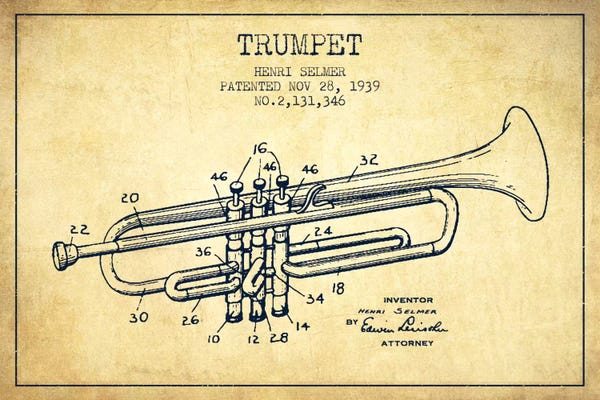 Music Blueprints: Trumpet Vintage Patent Blueprint by Aged Pixel