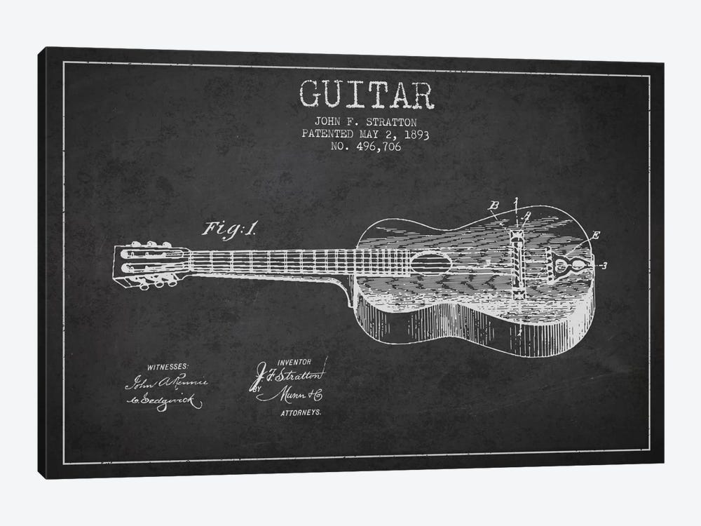 Guitar Charcoal Patent Blueprint by Aged Pixel 1-piece Canvas Print