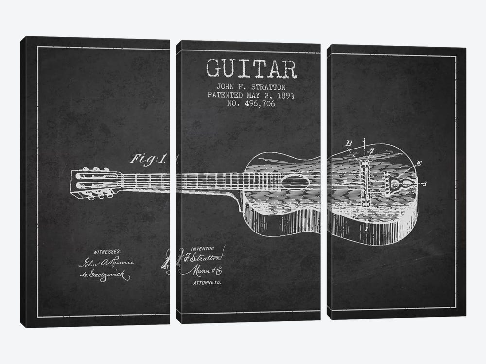 Guitar Charcoal Patent Blueprint by Aged Pixel 3-piece Canvas Print