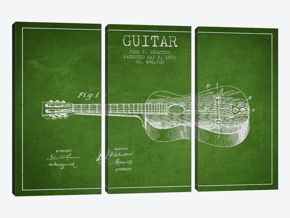 Guitar Green Patent Blueprint by Aged Pixel 3-piece Canvas Art