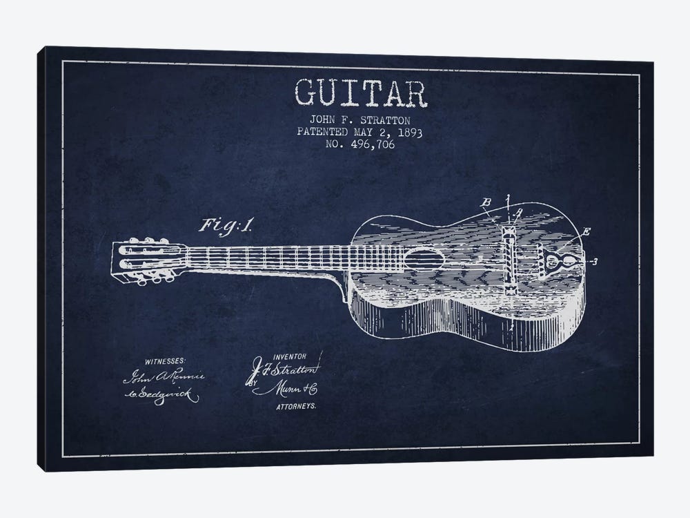 Guitar Navy Blue Patent Blueprint by Aged Pixel 1-piece Art Print