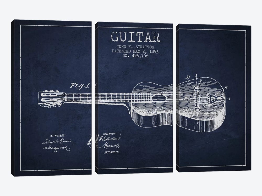 Guitar Navy Blue Patent Blueprint by Aged Pixel 3-piece Canvas Art Print
