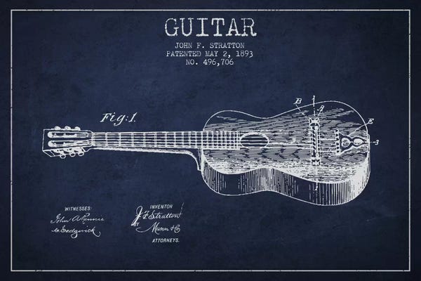 Aged Pixel: Guitar Navy Blue Patent Blueprint by Aged Pixel