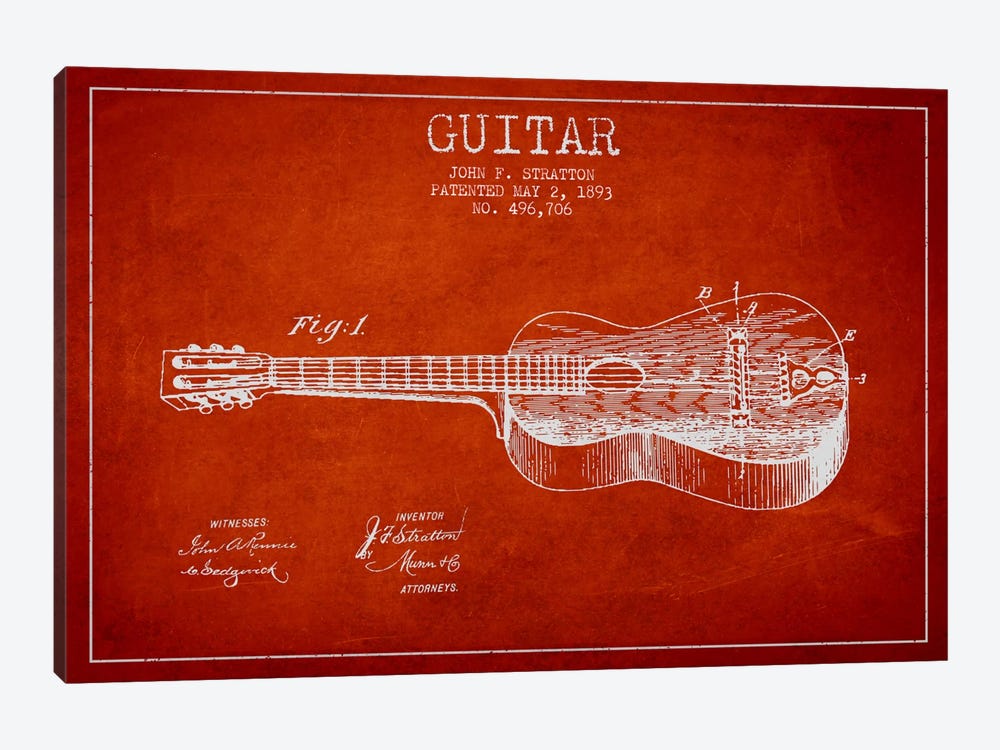 Guitar Red Patent Blueprint by Aged Pixel 1-piece Canvas Art