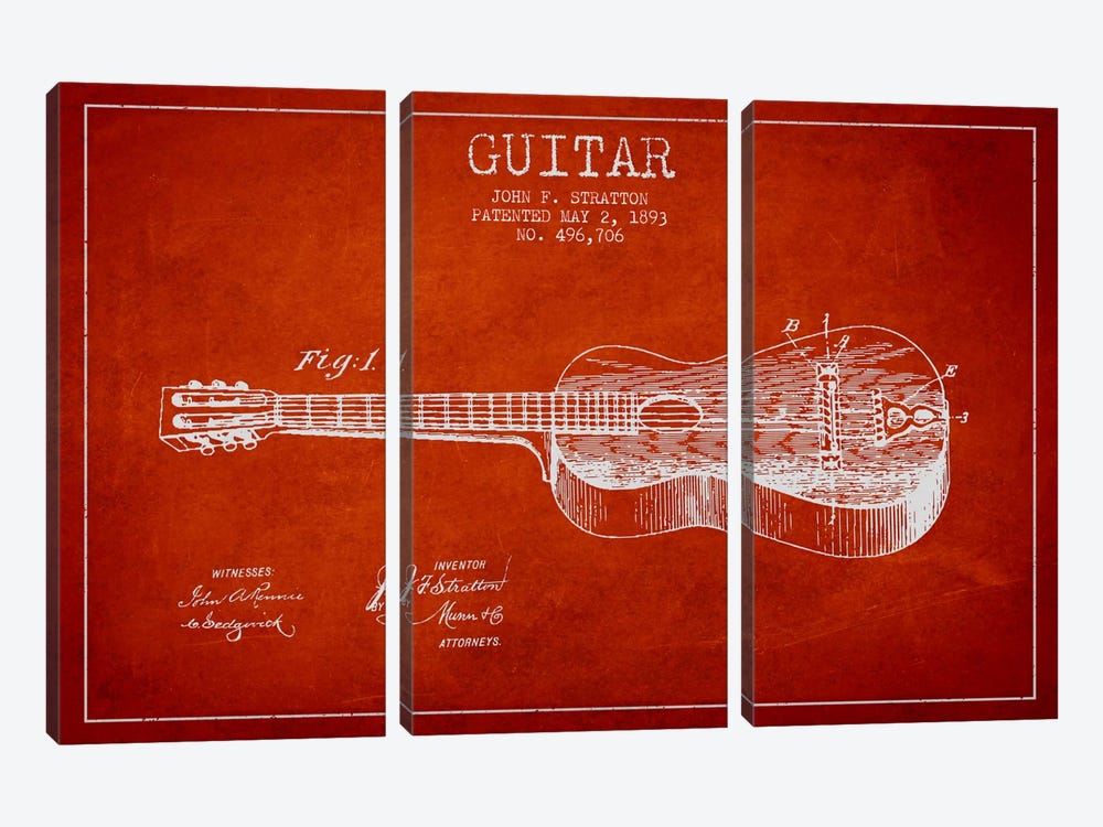 Guitar Red Patent Blueprint by Aged Pixel 3-piece Canvas Art