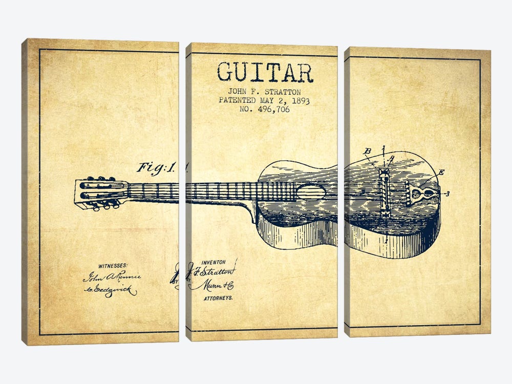Guitar Vintage Patent Blueprint by Aged Pixel 3-piece Canvas Print