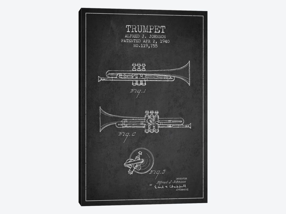 Trumpet Charcoal Patent Blueprint by Aged Pixel 1-piece Canvas Art