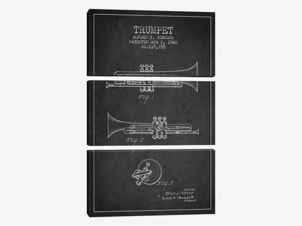 Trumpet Charcoal Patent Blueprint by Aged Pixel 3-piece Canvas Art