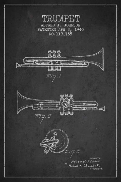 Music Blueprints: Trumpet Charcoal Patent Blueprint by Aged Pixel