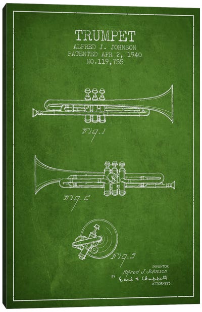 Trumpet Green Patent Blueprint Canvas Art Print - Aged Pixel: Music