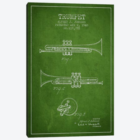 Trumpet Green Patent Blueprint Canvas Print #ADP840} by Aged Pixel Canvas Print