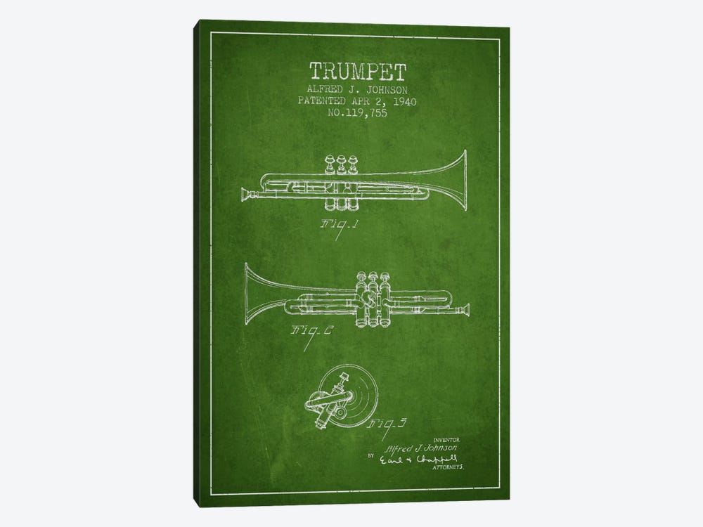 Trumpet Green Patent Blueprint by Aged Pixel 1-piece Canvas Artwork