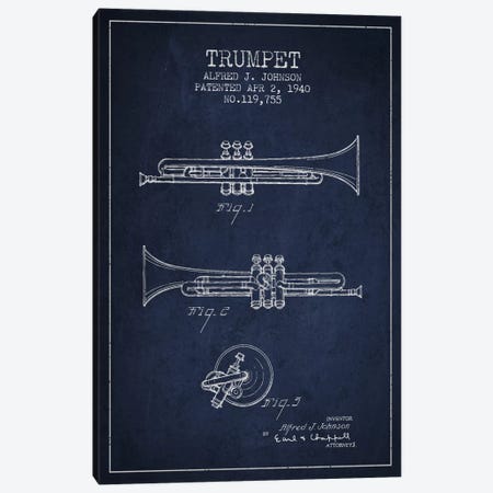 Trumpet Navy Blue Patent Blueprint Canvas Print #ADP841} by Aged Pixel Canvas Print