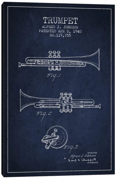 Trumpet Navy Blue Patent Blueprint Canvas Art Print - Trumpet Art