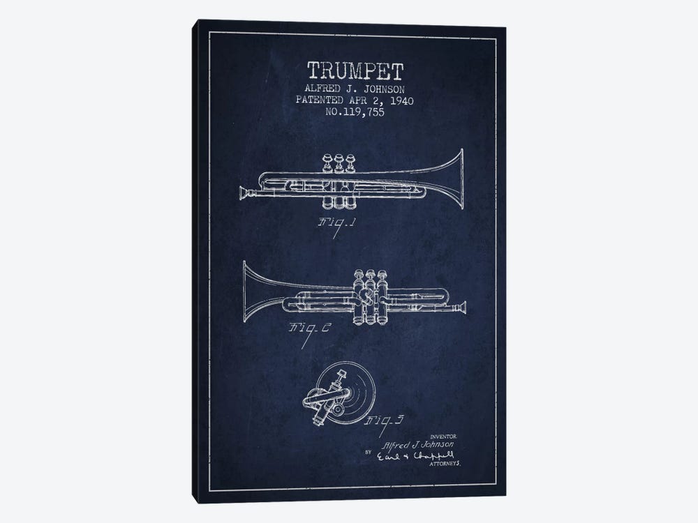 Trumpet Navy Blue Patent Blueprint by Aged Pixel 1-piece Art Print