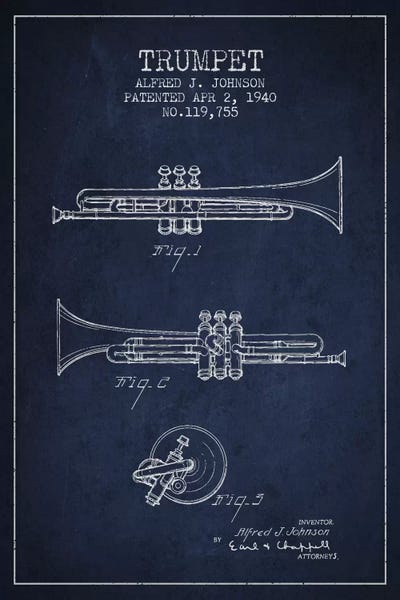 Music Blueprints: Trumpet Navy Blue Patent Blueprint by Aged Pixel