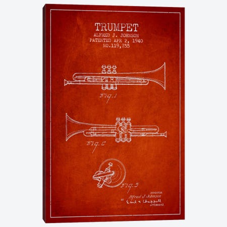 Trumpet Red Patent Blueprint Canvas Print #ADP842} by Aged Pixel Canvas Print