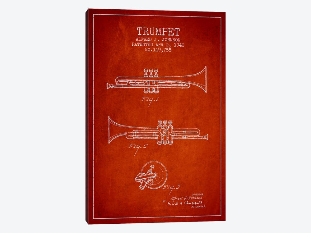 Trumpet Red Patent Blueprint by Aged Pixel 1-piece Canvas Wall Art