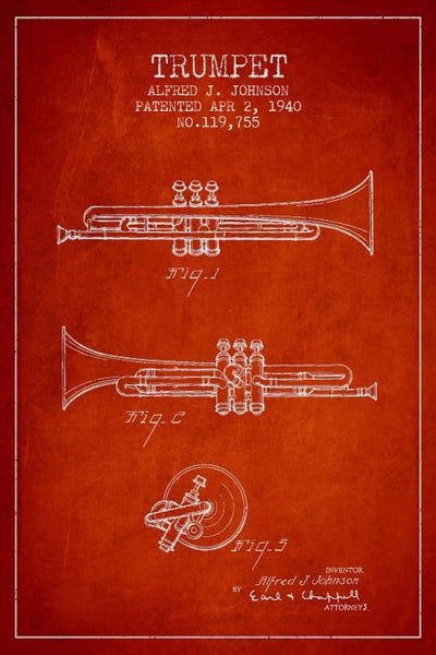 Music Blueprints: Trumpet Red Patent Blueprint by Aged Pixel