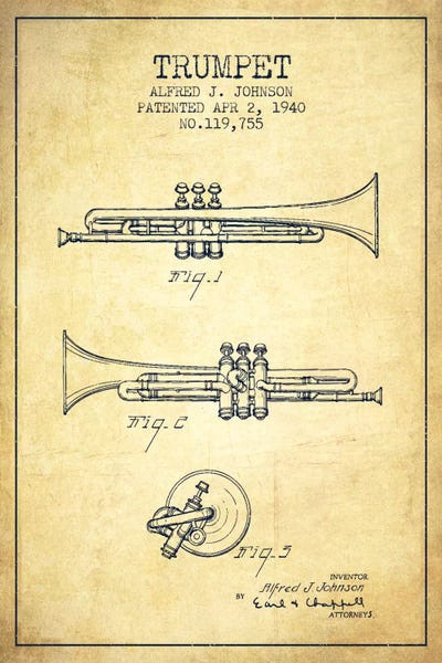 Trumpet Vintage Patent Blueprint by Aged Pixel framed wall art