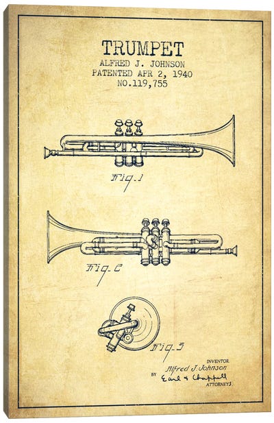 Trumpet Vintage Patent Blueprint Canvas Art Print - Aged Pixel: Music