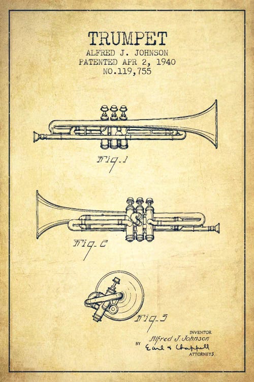 Trumpet Vintage Patent Blueprint by Aged Pixel wall art
