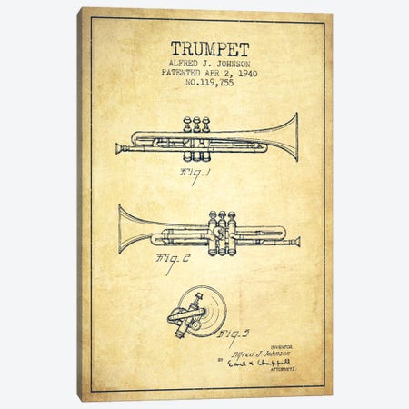 Trumpet Vintage Patent Blueprint Canvas Print #ADP843} by Aged Pixel Art Print