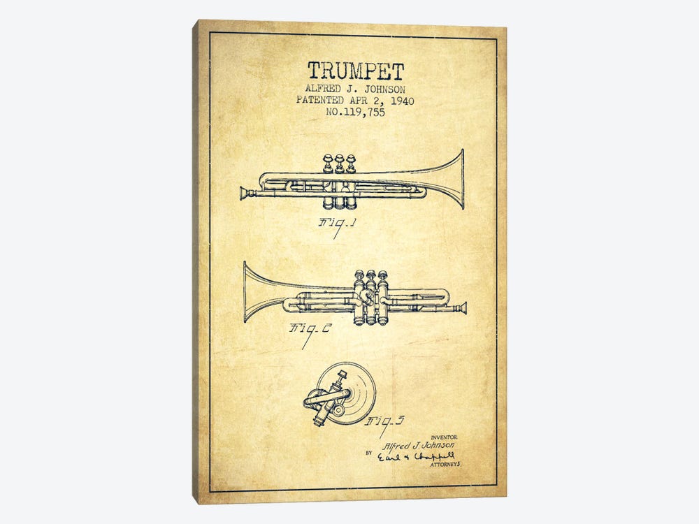 Trumpet Vintage Patent Blueprint by Aged Pixel 1-piece Canvas Art Print