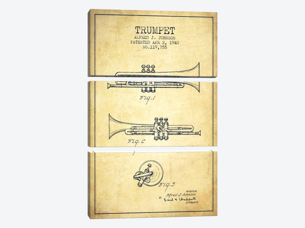 Trumpet Vintage Patent Blueprint by Aged Pixel 3-piece Art Print
