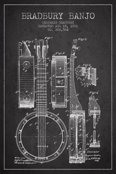 Banjo Charcoal Patent Blueprint by Aged Pixel metal wall art