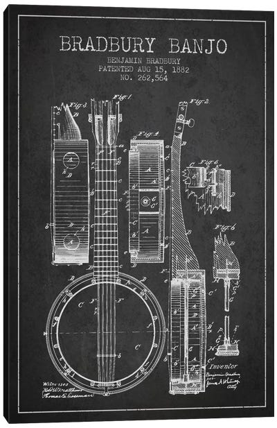 Banjo Charcoal Patent Blueprint Canvas Art Print - Aged Pixel: Music