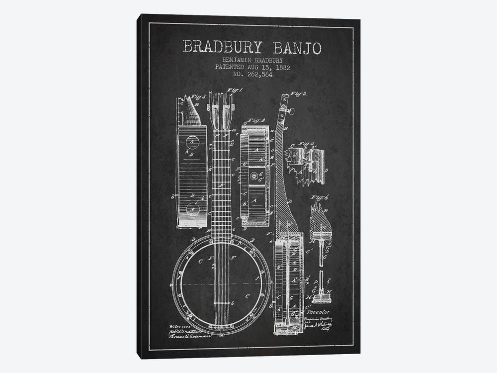 Banjo Charcoal Patent Blueprint by Aged Pixel 1-piece Canvas Wall Art