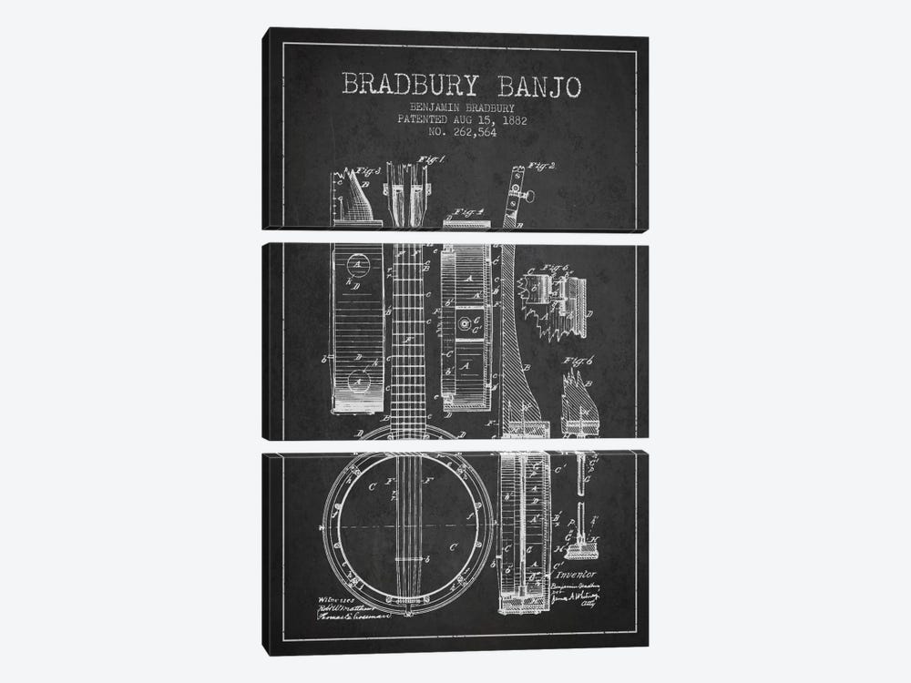 Banjo Charcoal Patent Blueprint by Aged Pixel 3-piece Canvas Artwork
