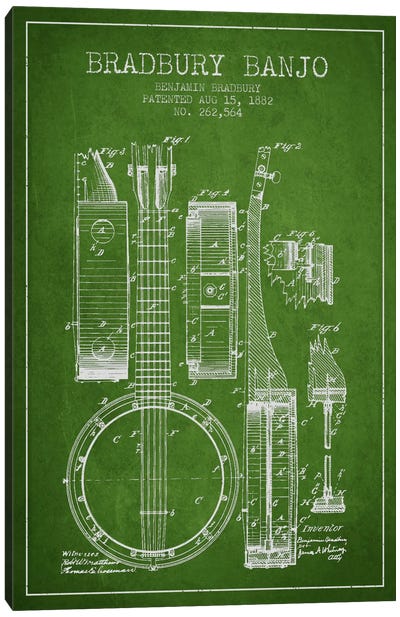 Banjo Green Patent Blueprint Canvas Art Print - Aged Pixel: Music