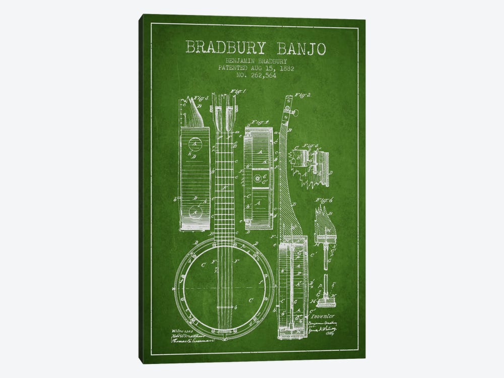 Banjo Green Patent Blueprint by Aged Pixel 1-piece Canvas Print