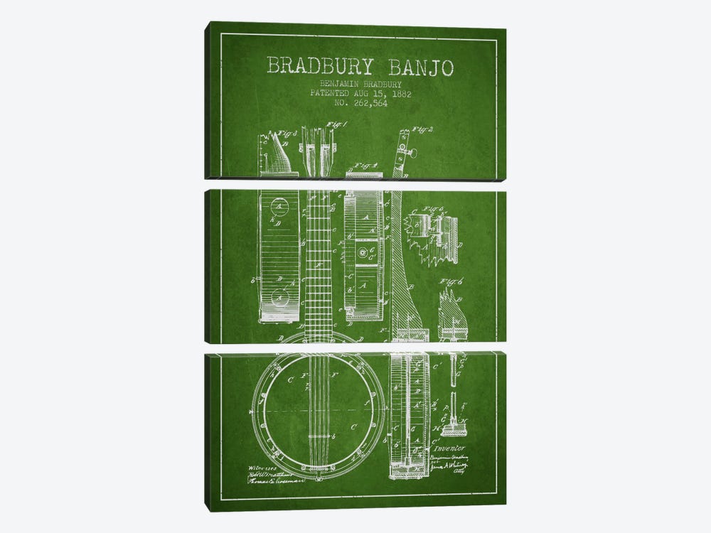 Banjo Green Patent Blueprint by Aged Pixel 3-piece Canvas Art Print