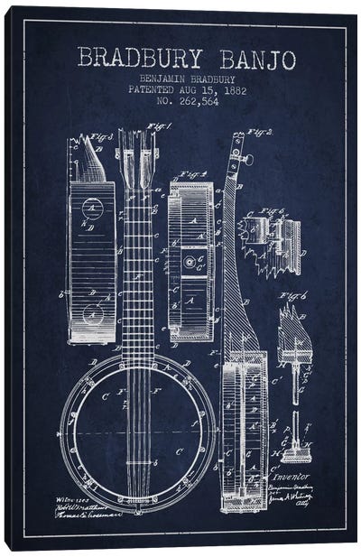 Banjo Navy Blue Patent Blueprint Canvas Art Print - Music Blueprints