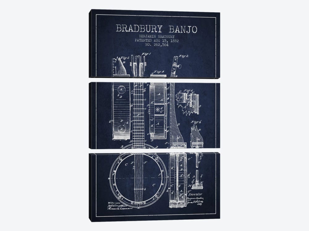 Banjo Navy Blue Patent Blueprint by Aged Pixel 3-piece Canvas Art