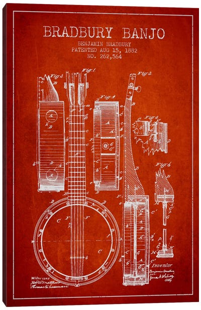 Banjo Red Patent Blueprint Canvas Art Print - Aged Pixel: Music
