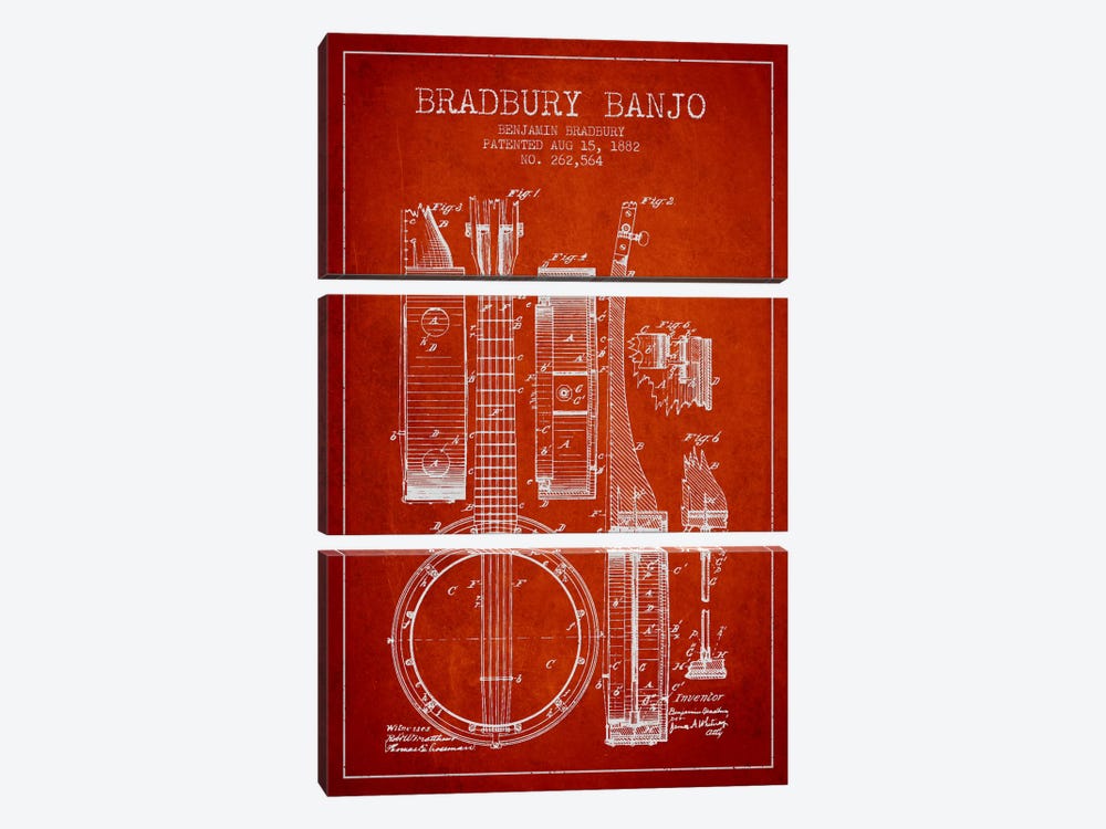 Banjo Red Patent Blueprint by Aged Pixel 3-piece Canvas Art Print