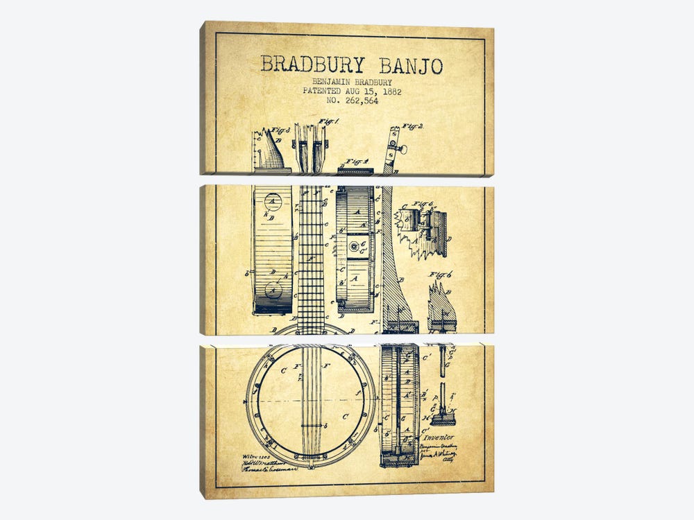 Banjo Vintage Patent Blueprint by Aged Pixel 3-piece Canvas Artwork