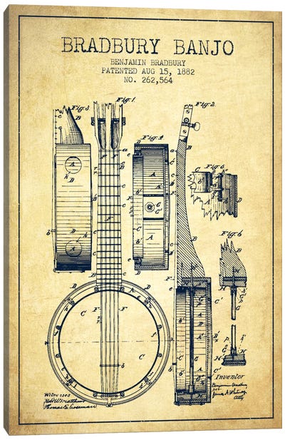 Banjo Vintage Patent Blueprint Canvas Art Print - Aged Pixel: Music